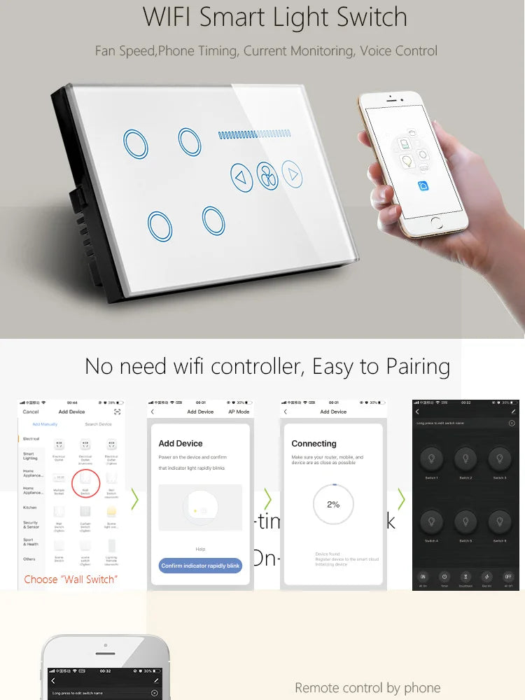 Tuya WiFi Smart Light Switch – 4 Gang Touch Panel, Fan Speed Dimmer, Power Metering, Alexa & Google Home Compatible