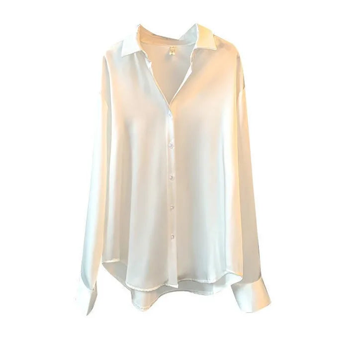 Elegant Satin Women’s Shirt — Loose Vintage Blouse with Turn-Down Collar for Spring & Autumn