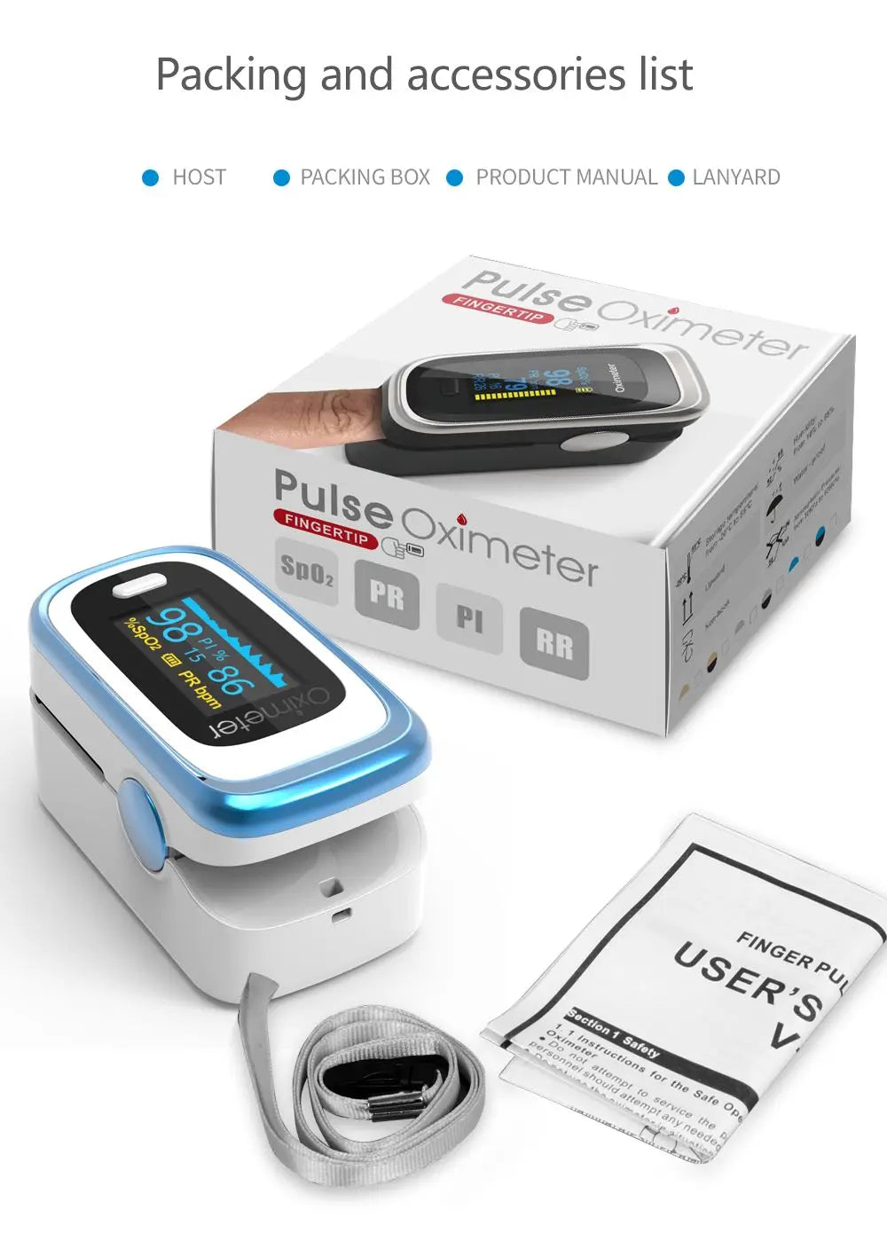 KIUZOU Finger Pulse Oximeter – SPO2, PR, PI, RR Blood Oxygen Saturation and Heart Rate Monitor with OLED Display