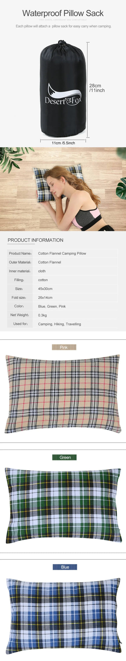 Desert&Fox Cotton Camping Pillow – Portable Folding Travel Pillow with Case for Hiking & Camping