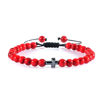 Natural Stone Bead Cross Bracelet - 6mm Braided Christian Prayer Jewelry with Jesus Charm for Men & Women