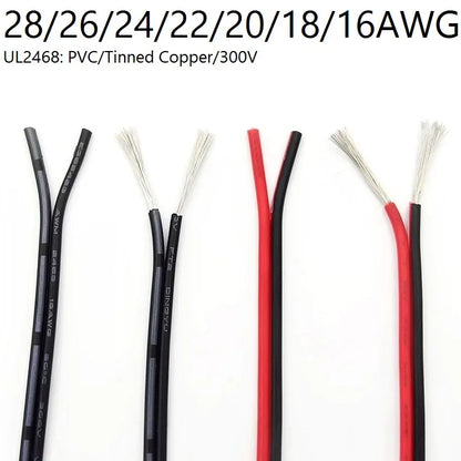 UL2468 2-Pin Copper Cable – PVC LED Strip Extension Wire (16–28 AWG, White/Black/Red)