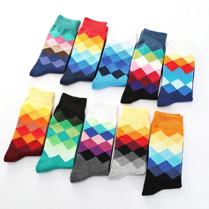 Men’s Funny Argyle Diamond Pattern Cotton Socks – Large Size 3D Geometric Crew Tube Socks, Combed Cotton Casual Novelty Socks