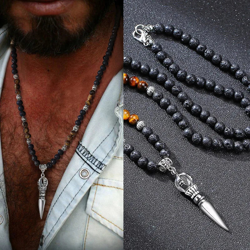 Men's Tibetan Phurba Kilaya Necklace – Tiger’s Eye & Lava Stone Spiritual Dagger Jewelry