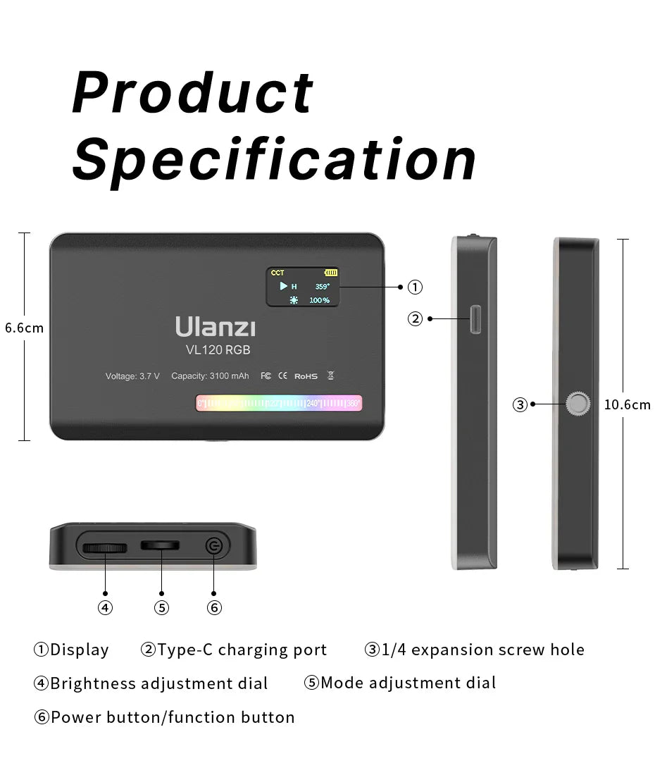 Ulanzi VL120 Full Color RGB Video Light – Dimmable 2500K-9000K LED Photography & Vlog Fill Light for Cameras