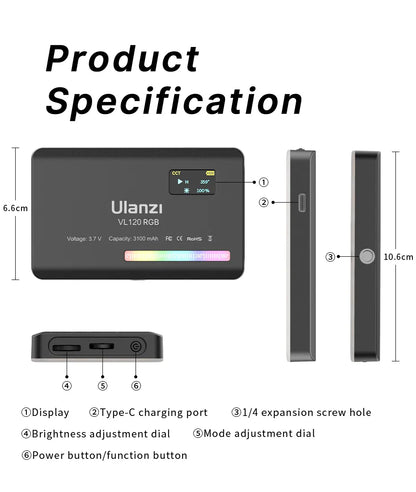 Ulanzi VL120 Full Color RGB Video Light – Dimmable 2500K-9000K LED Photography & Vlog Fill Light for Cameras