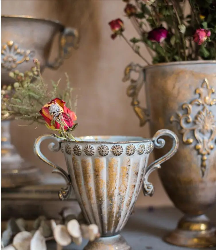 European Retro Iron Goblet Vase — Metal Flowerpot for Home, Living Room, Hotel & Flower Arrangement Decor