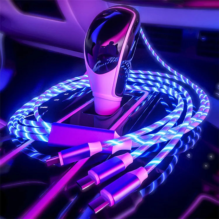 3-in-1 LED Glowing Charging Cable – 3A Micro USB & Type-C Flowing Streamer Cord for iPhone, Xiaomi & Huawei