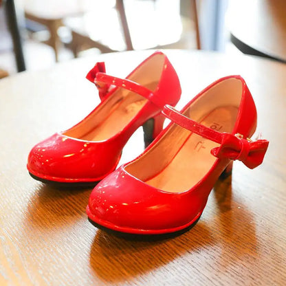 Girls Princess Bowtie Leather Sandals - Sweet High Heel Shoes for Children, Autumn Dress Footwear SZ107