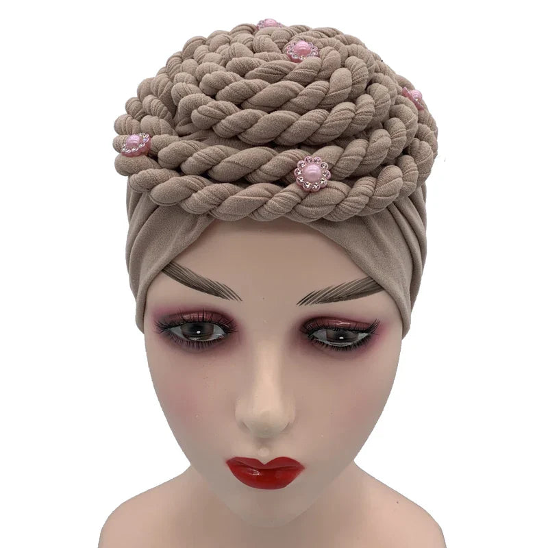 Diamond Braided Turban Hat for Women – Muslim Hijab Bonnet, African Headwrap Cap, Inner Headscarf