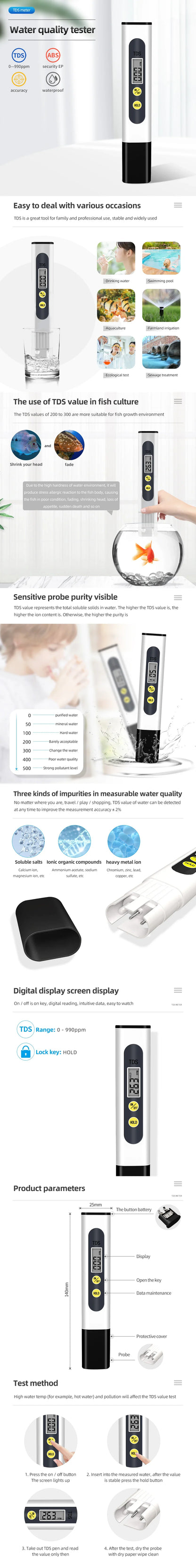 TDS & PH Meter - 0-9990ppm Digital Water Tester, 0.01 PH High Precision Pen for Aquariums & Filters, LCD PPM Monitor