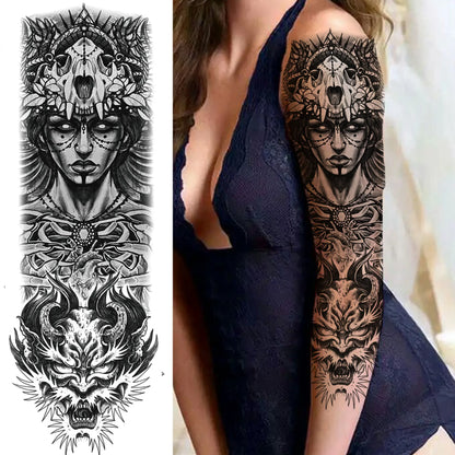 Temporary Tattoo Sleeve - Realistic Full Arm Skull Angel Maori Design Tattoo Sticker for Men & Women