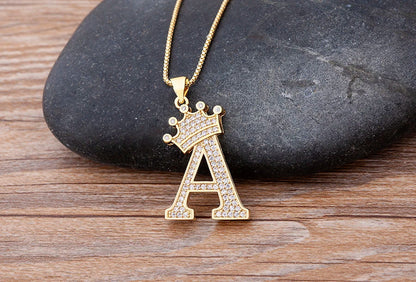 Nidin Luxury A-Z Crown Alphabet Pendant – Copper Zircon Initial Necklace Chain, Hip-Hop Style Jewelry for Men & Women