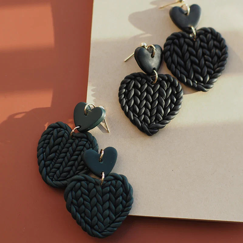 Handmade Knitted Heart-Shaped Polymer Clay Earrings – Braided Multi-Color Dangle Jewelry Set, Cute Love Gift