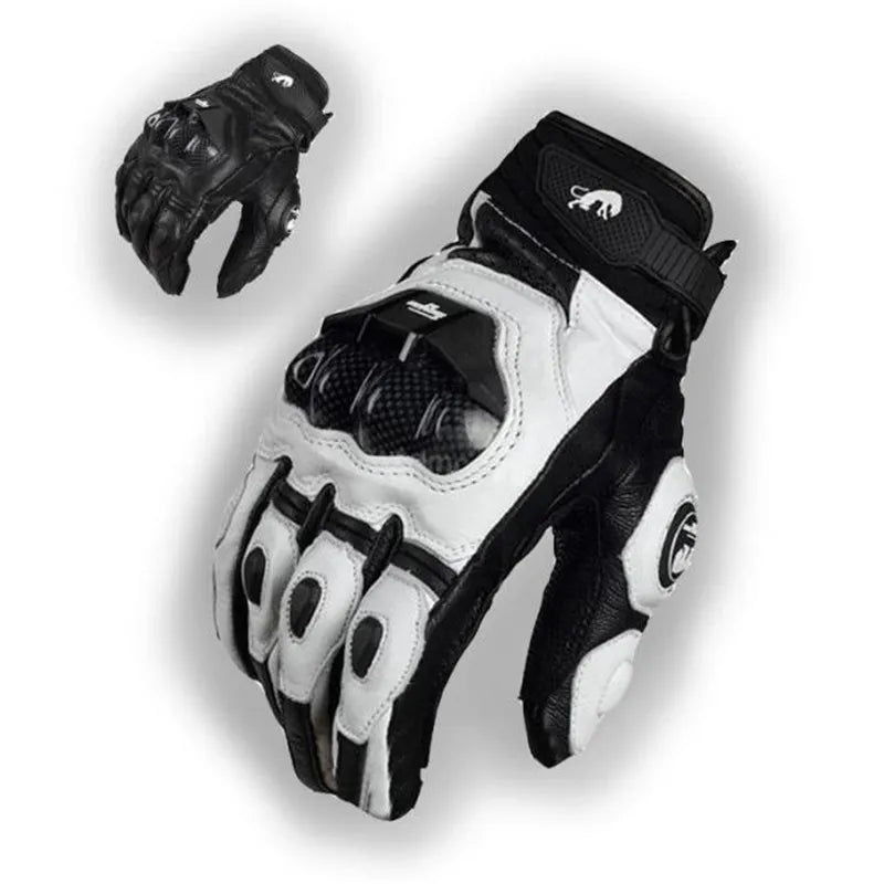 Men's Genuine Leather Motorcycle Gloves: Black Racing Style for Summer and Winter Road Riding - White Team Glove