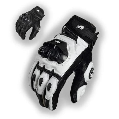 Men's Genuine Leather Motorcycle Gloves: Black Racing Style for Summer and Winter Road Riding - White Team Glove