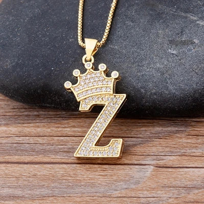 Nidin Luxury A-Z Crown Alphabet Pendant – Copper Zircon Initial Necklace Chain, Hip-Hop Style Jewelry for Men & Women