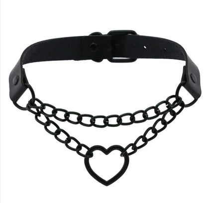 Vintage Heart Necklace Choker – Goth Collar with Chain, Grunge Punk, Cute Kawaii Egirl Harajuku Accessories for Girls