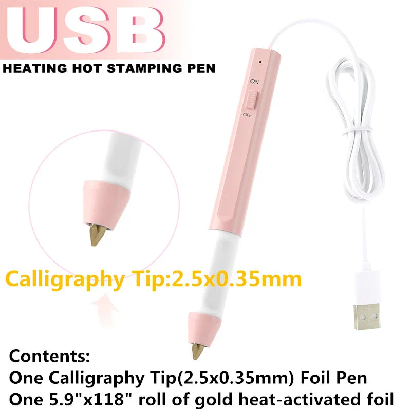 USB Hot Foil Pen with 0.8/1.5/2.5mm Tips – Slim Heat-Resistant Grip for DIY Calligraphy on Paper & Leather