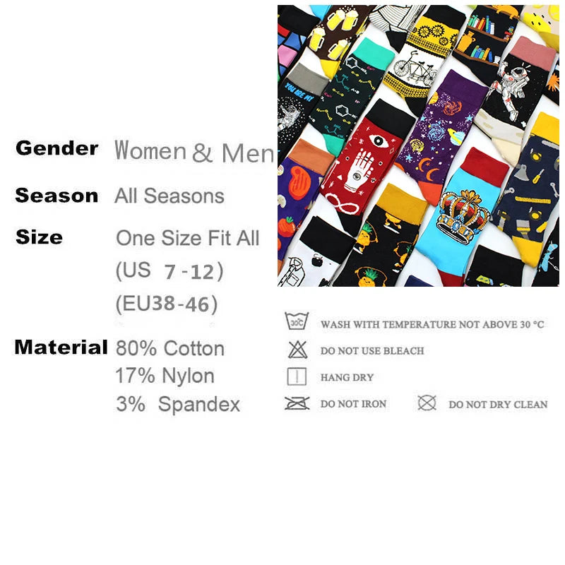 Funny Cartoon Fashion Cotton Socks – Hip Hop Skateboard Style Socks for Men & Women, Beer, Pizza, Astronaut & Pineapple Print Casual Wear Socks