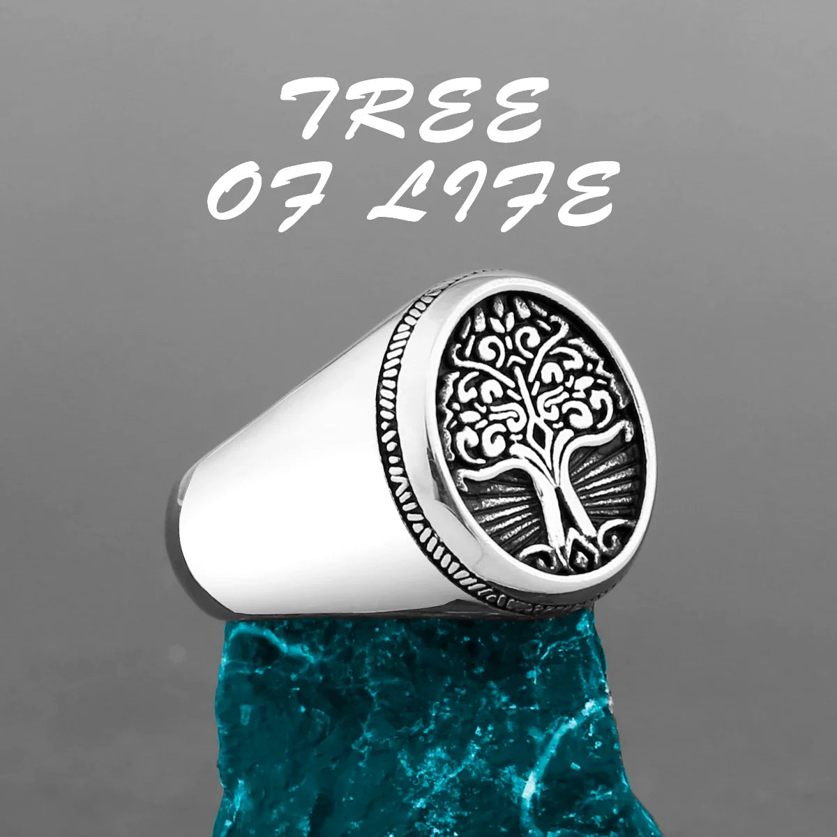Nordic Viking Stainless Steel Ring - Compass Tree of Life Rune Wolf Amulet Jewelry for Men & Women