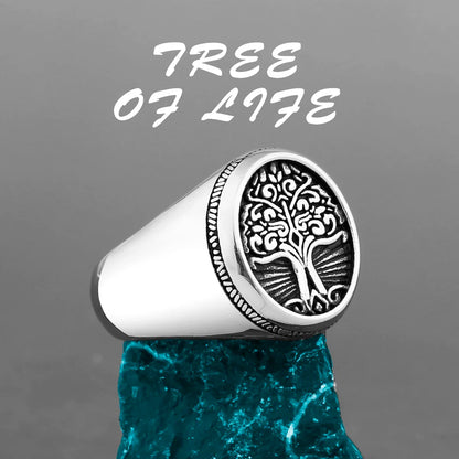 Nordic Viking Stainless Steel Ring - Compass Tree of Life Rune Wolf Amulet Jewelry for Men & Women