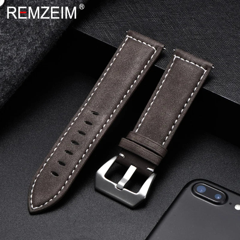 Genuine Leather Watch Band – Vintage Matte Black, Blue & Brown Strap for Men & Women, 18mm-24mm Wrist Bracelet