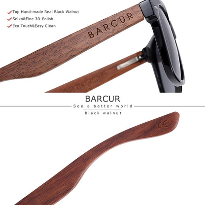 BARCUR Black Walnut Wood Polarized Sunglasses for Men – High-Quality Square UV400 Eyewear with Original Box