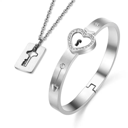 Couple Jewelry Set – Stainless Steel Love Heart Lock Bracelets & Key Pendant Necklace for Men & Women Gift