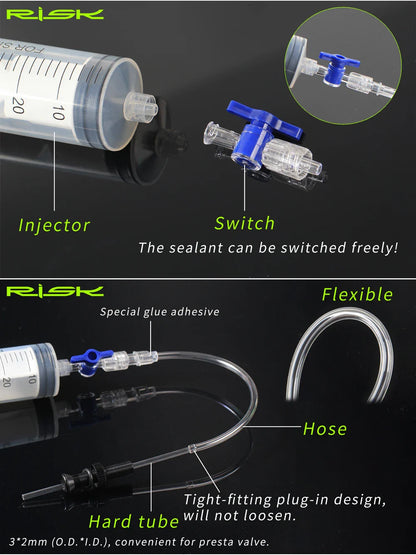 RISK RL225 Tubeless Tyre Sealant Injector — Bike Syringe with Schrader & Presta Valve Core Remover