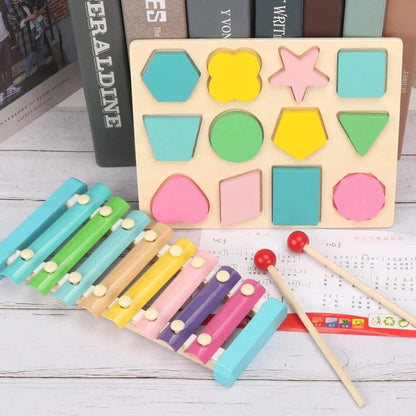 Hot Kids Montessori Wooden Toys – Macaron Blocks, Music Rattles, Colorful Educational Learning Blocks for Babies