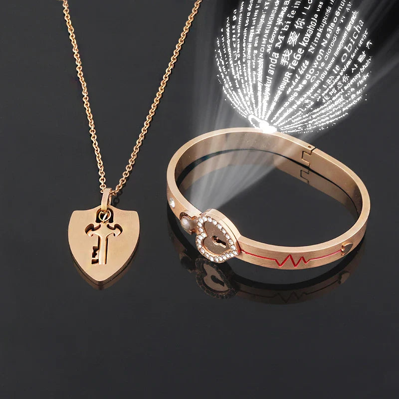 Couple Jewelry Set – Stainless Steel Love Heart Lock Bracelets & Key Pendant Necklace for Men & Women Gift