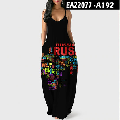 Women’s World Map Beach Dress – Elegant Sexy Long Sundress with Irregular Hem, Sleeveless Spaghetti Straps, Plus Size Summer Dress