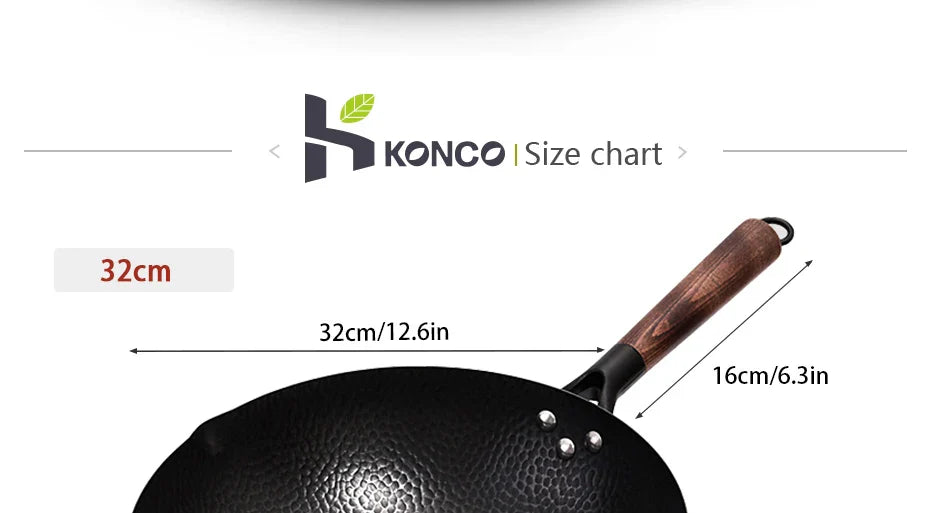 Konco 32cm Pure Cast Iron Wok – Non-Coated Chinese Wok Pan for Gas & Induction Cookers