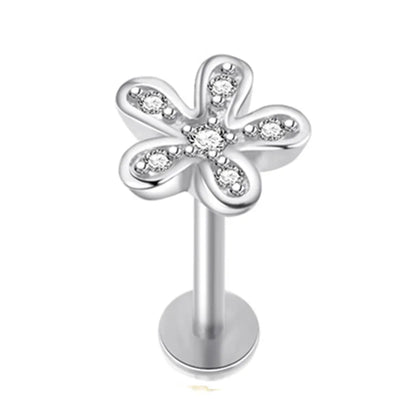 Crystal Flower Tragus Piercing Earring – 16G Cross Cartilage, Helix, Conch, Rook, Lobe & Labret Stud Jewelry