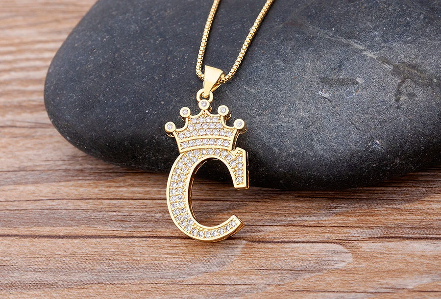 Nidin Luxury A-Z Crown Alphabet Pendant – Copper Zircon Initial Necklace Chain, Hip-Hop Style Jewelry for Men & Women