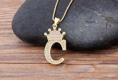 Nidin Luxury A-Z Crown Alphabet Pendant – Copper Zircon Initial Necklace Chain, Hip-Hop Style Jewelry for Men & Women
