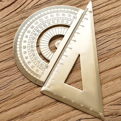 Vintage Brass Straight Ruler — Metal Triangle Protractor Measuring Tool for Students
