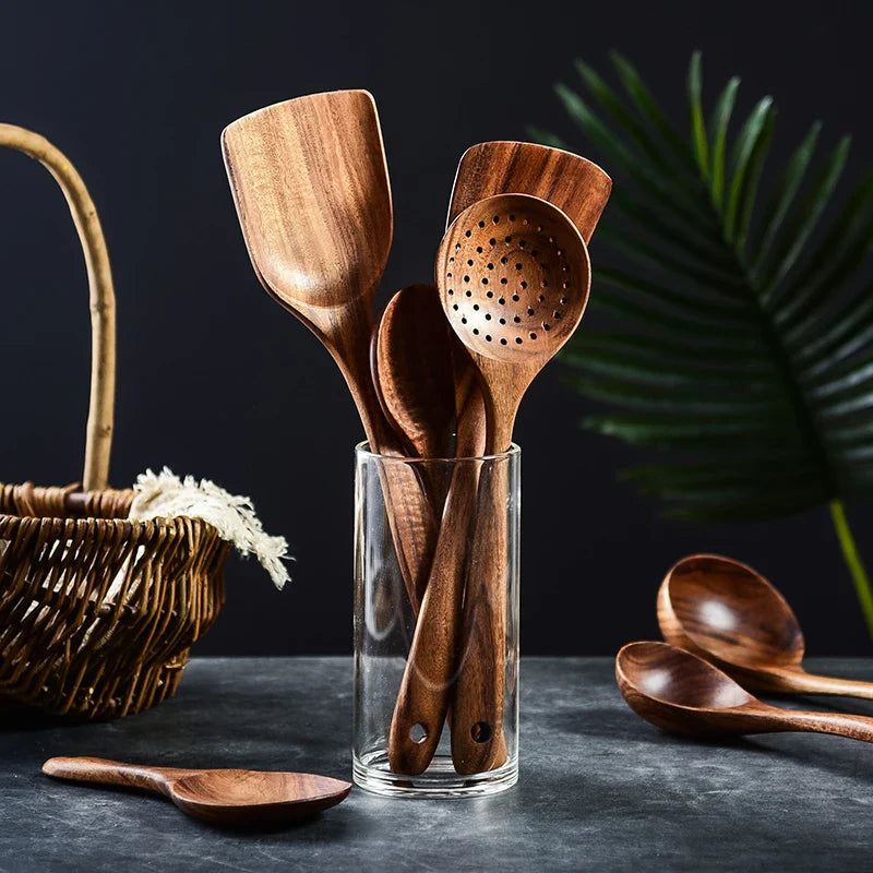 1-9pcs Teak Wood Tableware Set – Natural Wooden Cooking Spoons, Colander Spoon & Soup Skimmer Kitchen Tool Kit