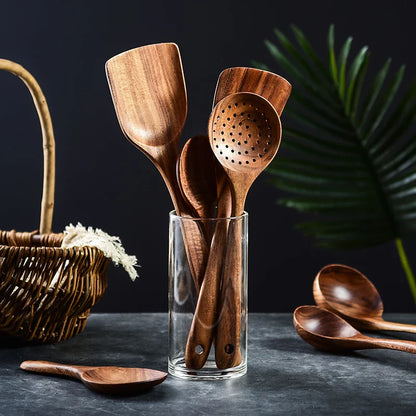 1-9pcs Teak Wood Tableware Set – Natural Wooden Cooking Spoons, Colander Spoon & Soup Skimmer Kitchen Tool Kit