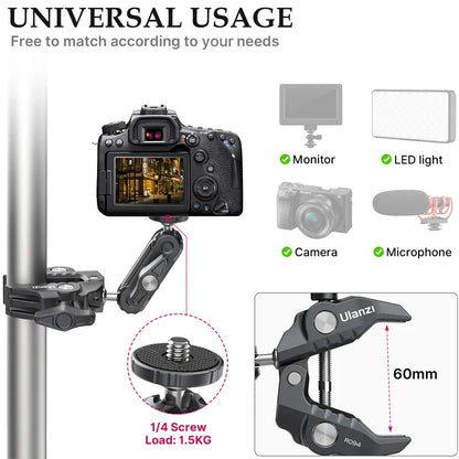 Ulanzi R094 Metal Super Clamp with 360° Ball Head Magic Arm, 1/4" & 3/8" Holes for DSLR Camera, Monitor, Light, Mic, and Rod Mount