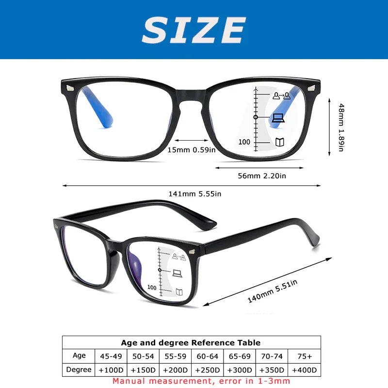 CRIXALIS Square Multifocal Progressive Reading Glasses Anti-Glare UV400 Fashion Computer Eyewear for Men & Women with Diopter Support