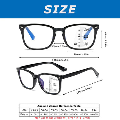 CRIXALIS Square Multifocal Progressive Reading Glasses Anti-Glare UV400 Fashion Computer Eyewear for Men & Women with Diopter Support