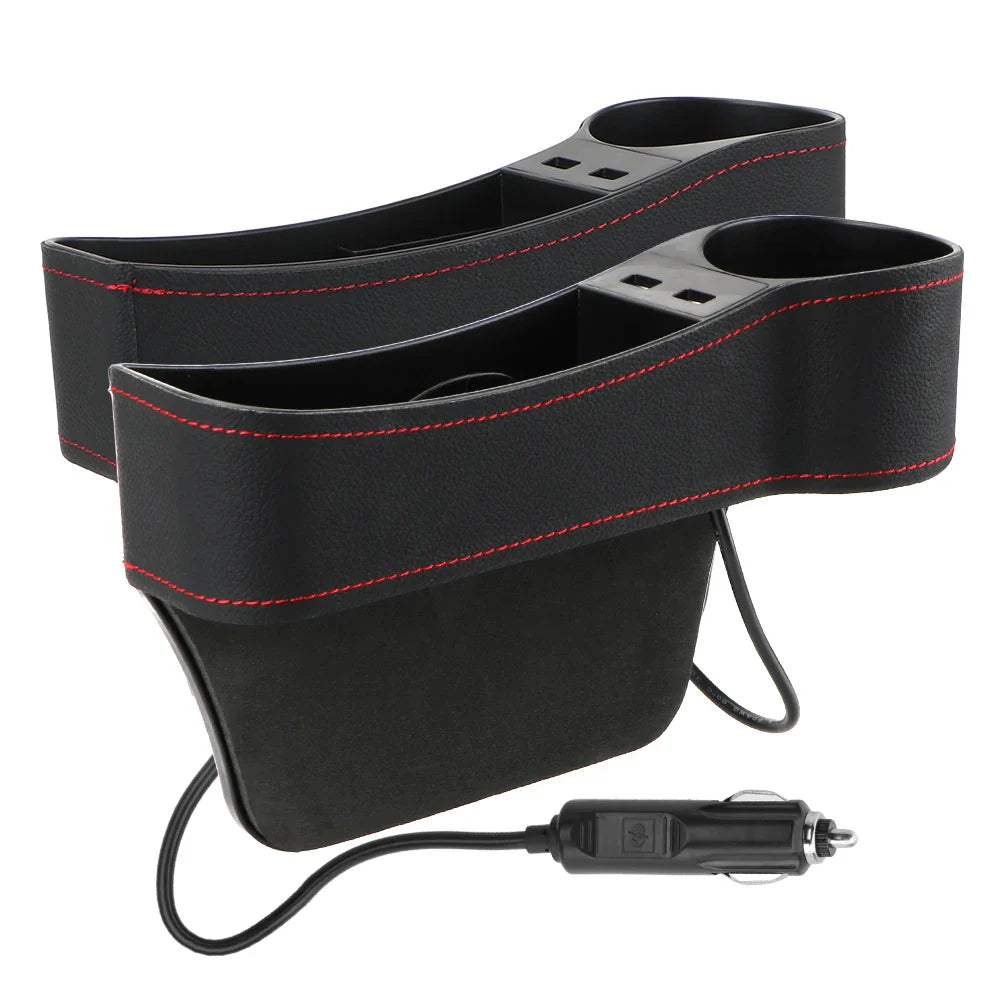 Car Seat Gap Organizer – Leather Auto Crevice Storage Box with Cup & Phone Holder, USB Option