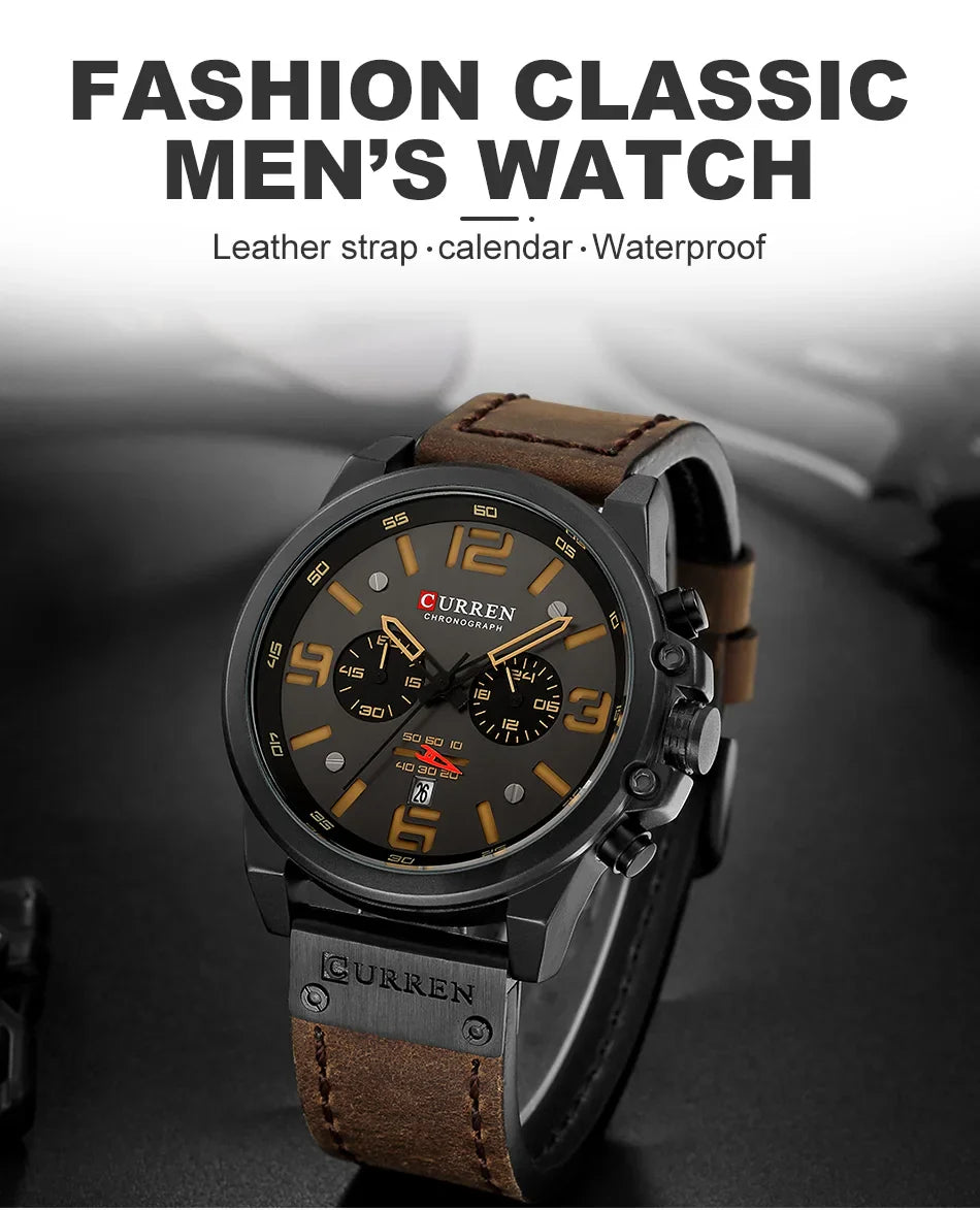 CURREN Men's Luxury Waterproof Sport Watch – Chronograph Quartz Military Wristwatch with Genuine Leather Strap