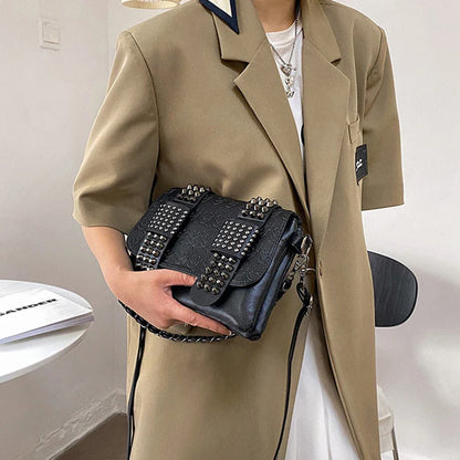 Vintage Skull Rivet PU Leather Shoulder Bag — Women’s Black Crossbody Flap Messenger Handbag