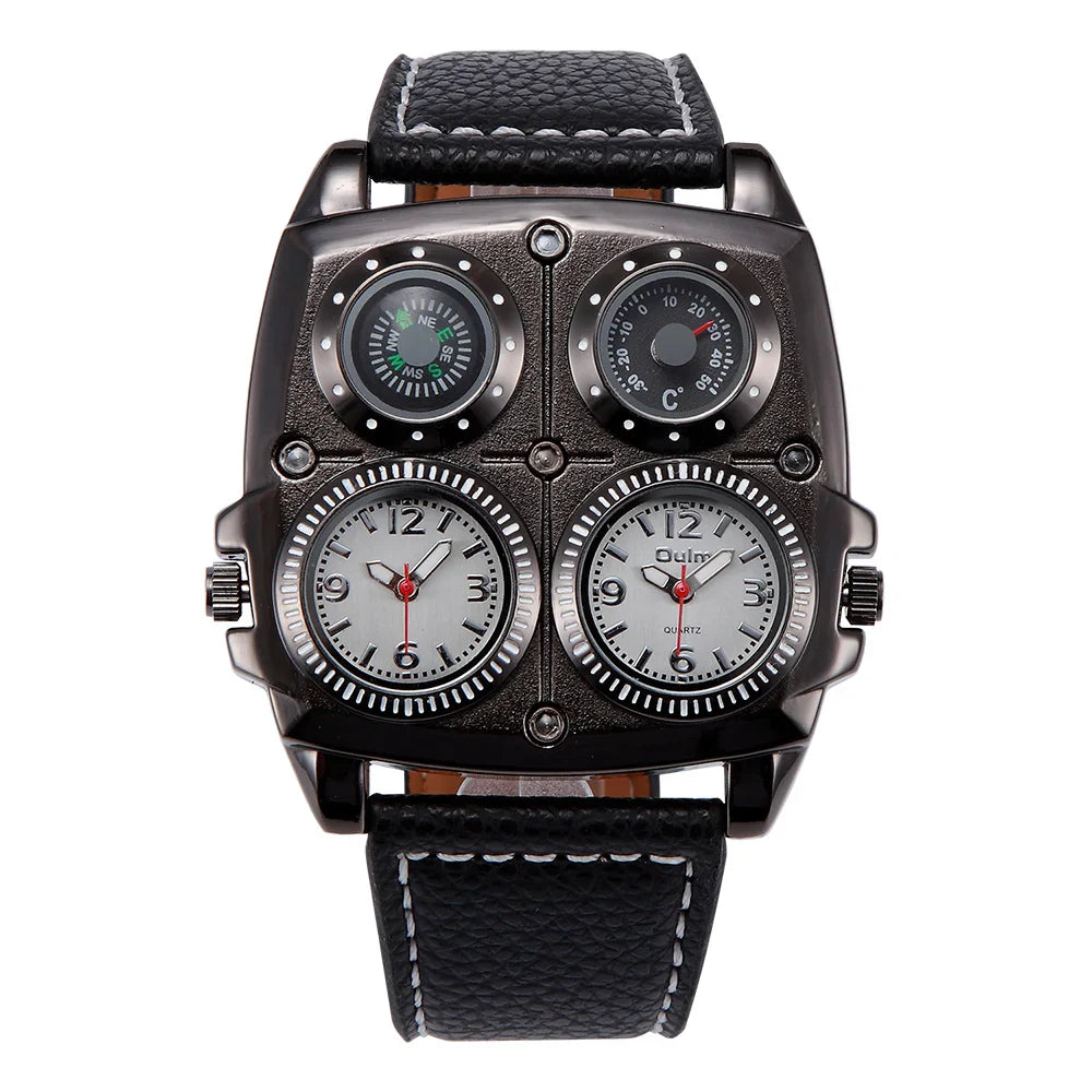 Oulm Men’s Two Time Zone Army Pilot Watch — Large Military Quartz Leather Strap Wristwatch