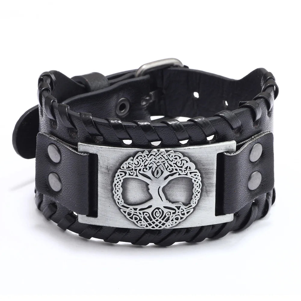 Totem Design Wide Leather Pirate Compass Bracelet - Men's Celtic Viking Jewelry, Party Gift Accessories