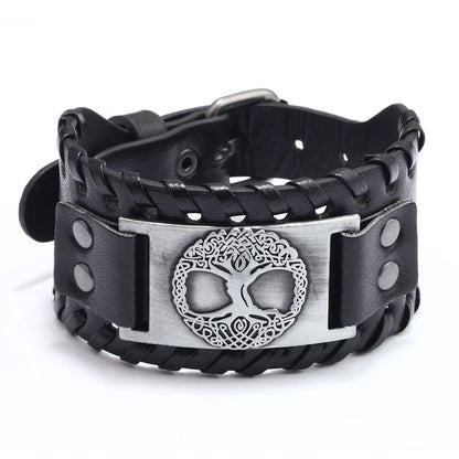 Totem Design Wide Leather Pirate Compass Bracelet - Men's Celtic Viking Jewelry, Party Gift Accessories