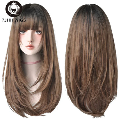 7JHHWIGS Long Straight Light Brown Synthetic Wig with Bangs – Heat-Resistant Daily Wear Wig for Women